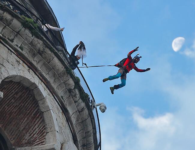 man performs base jump from historic galata tower turkey news