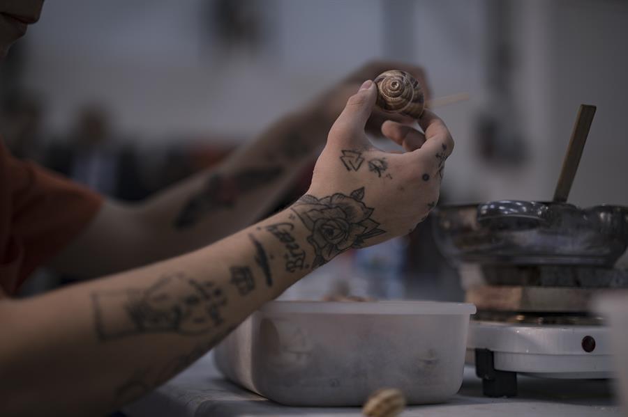 Inmates prepare snail shells for European dishes