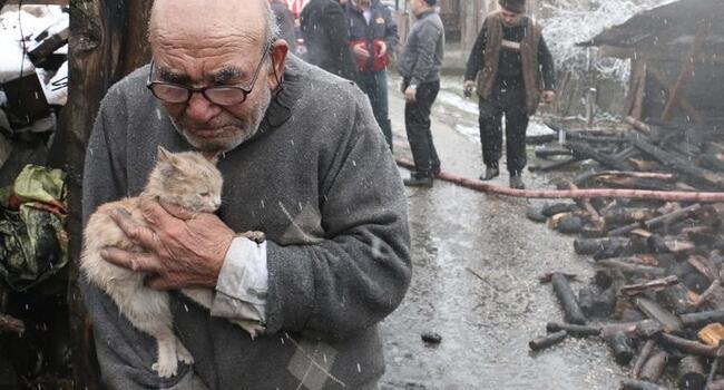 Photo of Turkish man who lost everything except kitten in fire awarded