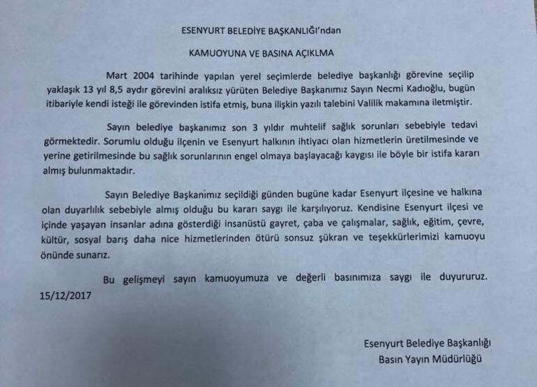 SON DAKİKA... Esenyurt Belediye Başkanı Necmi Kadıoğlu istifa etti
