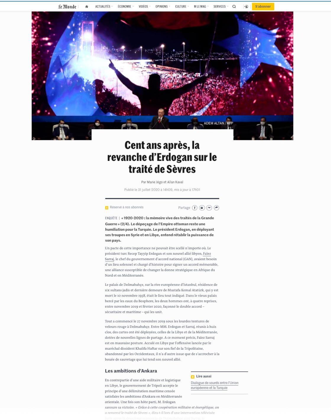 Fransız Le Monde gazetesi: Erdoğan Sevr'den intikamını alıyor