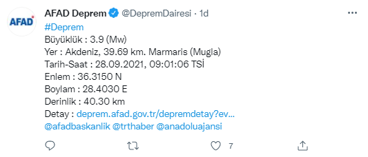 Son dakika: Muğla'nın Marmaris ilçesi açıklarında deprem