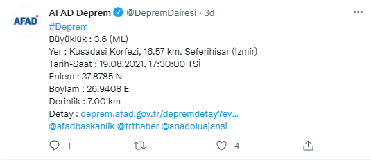 Son dakika: İzmir'in Seferihisar ilçesi açıklarında 3.6 büyüklüğünde deprem