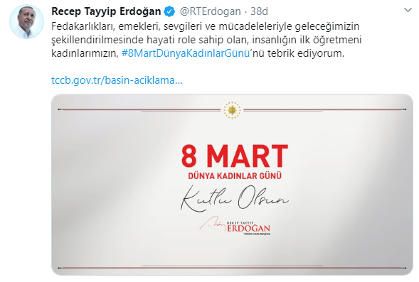 Cumhurbaşkanı Erdoğan'dan 8 Mart Dünya Kadınlar Günü paylaşımı