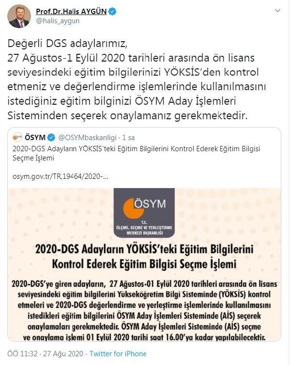 ÖSYM Başkanı Aygün'den 'DGS' açıklaması