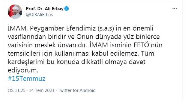 Diyanet İşleri Başkanı Ali Erbaş: 'İmam' unvanının FETÖ'nün temsilcileri için kullanılması kabul edilemez