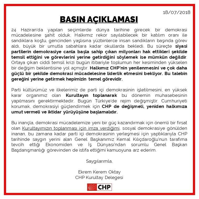 Kılıçdaroğlu'nun Ekonomiden Sorumlu Başdanışmanı Ekrem Kerem Oktay istifa etti